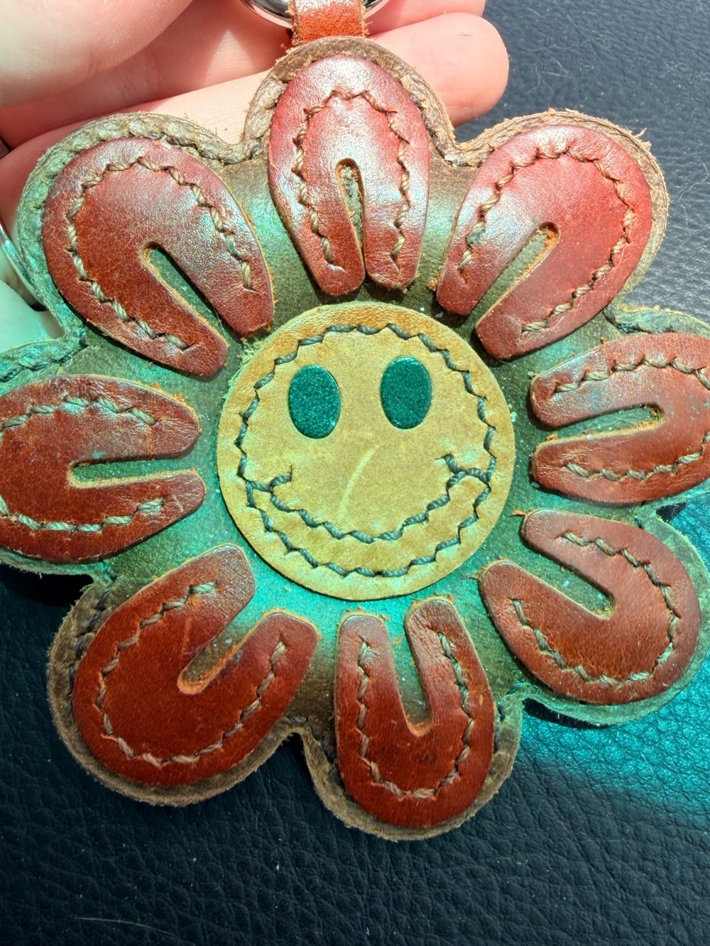 Handmade 100% Leather Bag Charm- Flower Brown/Orange - Picture 2 of 3